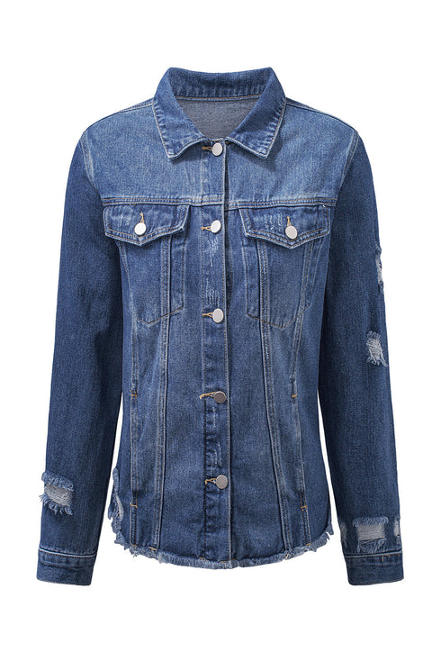 Lapel Distressed Raw Hem Buttons Denim Jacket